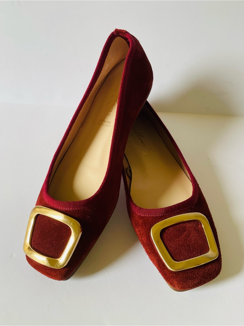 Avellini Italy Suede Flats Burgundy Gold Buckle Leather Ballet Shoes Sz 37  US 7